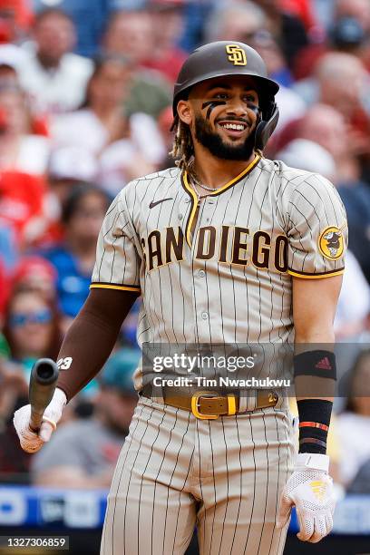 Fernando Tatis Jr. #23 of the San Diego Padres reacts against the Philadelphia Phillies at Citizens Bank Park on July 02, 2021 in Philadelphia,...