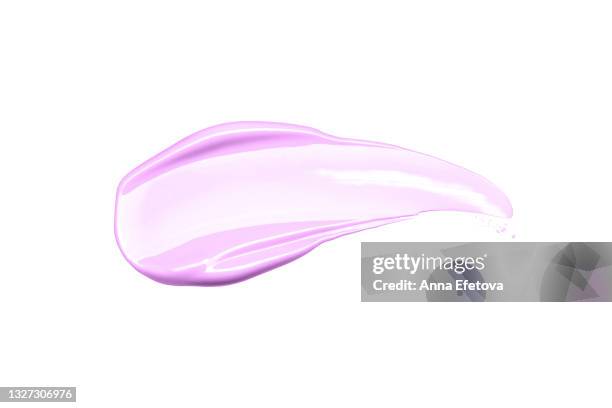 smooth cosmetic smear of light violet cream isolated on white background. concept of health and wellbeing. flat lay style with copy space - lipstick smudge stock-fotos und bilder