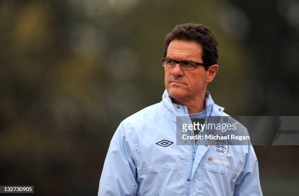 England manger Fabio Capello looks on during the England training session on November 14, 2011 in London Colney, England.