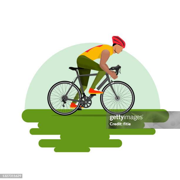 ilustraciones, imágenes clip art, dibujos animados e iconos de stock de ilustración vectorial de ciclismo de carretera, carrera de bicicletas a campo traviesa, racing route.a atleta masculino montando en una bicicleta. - guy riding bike cartoon