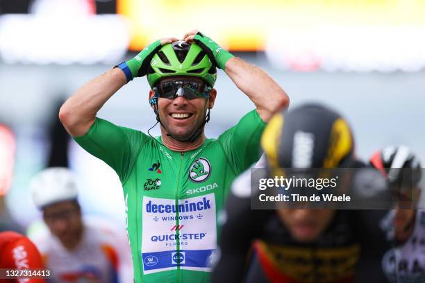 Mark Cavendish of The United Kingdom and Team Deceuninck - Quick-Step Green Points Jersey stage winner celebrates at arrival during the 108th Tour de...