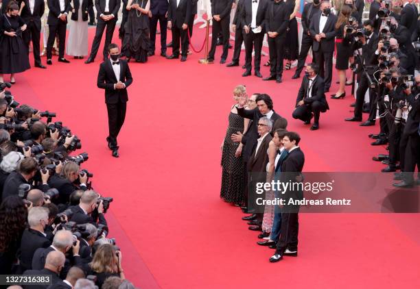 Angele, Ron Mae, Adam Driver, Simon Helberg, Marion Cotillard, director Leos Carax, and Russell Mael attend the "Annette" screening and opening...