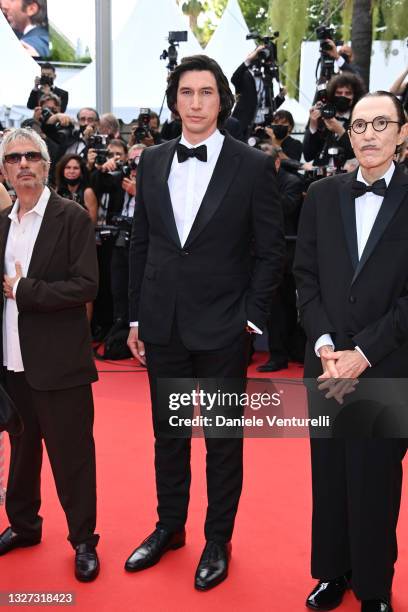 Adam Driver, Director Leos Carax and Ron Mael attend the "Annette" screening and opening ceremony during the 74th annual Cannes Film Festival on July...