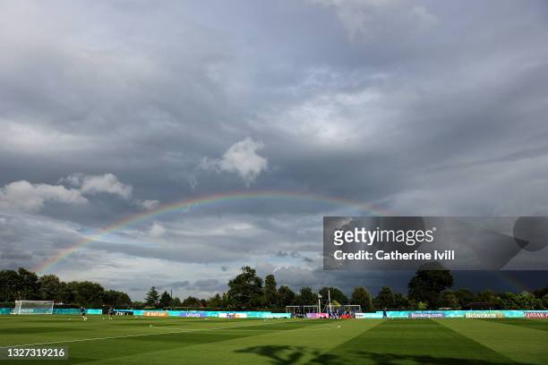 General view inside the training centre as a rainbow is seen during the Denmark Training Session ahead of the Euro 2020 Semi-Final match between...