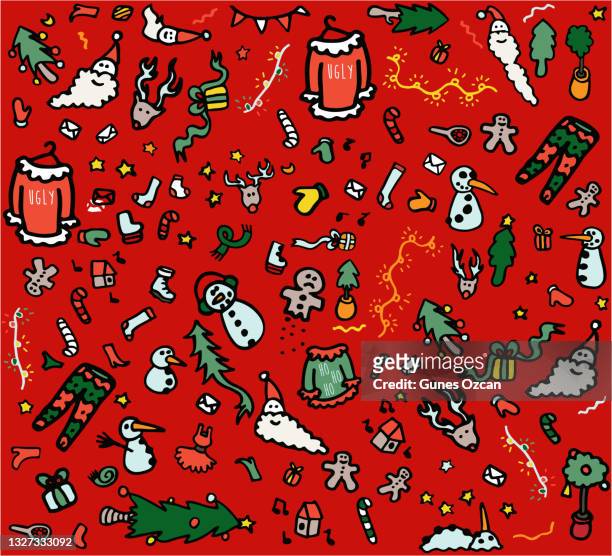 hand drawn christmas doodle pattern - cartoon xmas characters icons background - stocking tops stock illustrations