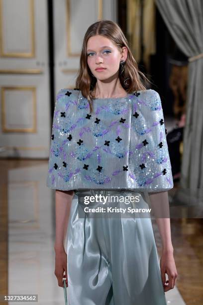 Model walks the runway during the Giorgio Armani Prive Couture Haute Couture Fall/Winter 2021/2022 show as part of Paris Fashion Week on July 06,...
