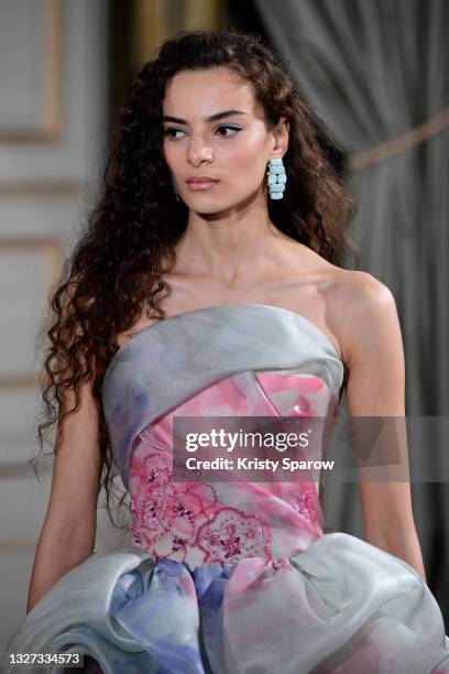 Model walks the runway during the Giorgio Armani Prive Couture Haute Couture Fall/Winter 2021/2022 show as part of Paris Fashion Week on July 06,...