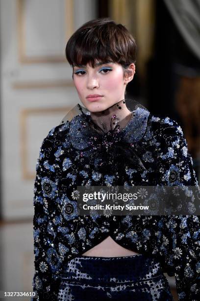 Model walks the runway during the Giorgio Armani Prive Couture Haute Couture Fall/Winter 2021/2022 show as part of Paris Fashion Week on July 06,...