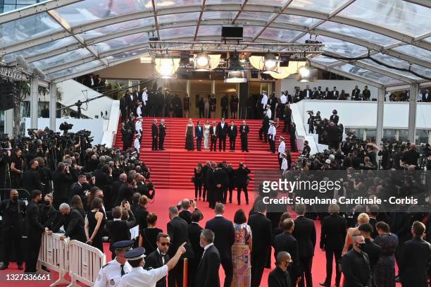 General view of the red carpet during the "Annette" screening and opening ceremony during the 74th annual Cannes Film Festival on July 06, 2021 in...