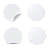 Realistic template  of white round paper adhesive sticker with curved edge isolated on white background.