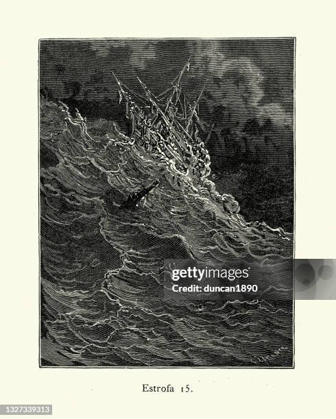 ship sailing though stormy seas - gustave dore stock illustrations