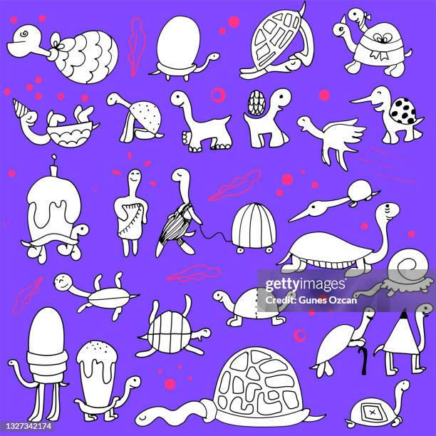 hand drawn turtle doodles pattern - bizarre fashion stock illustrations