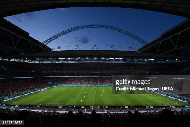General view of play during the UEFA Euro 2020 Championship Semi-final match between Italy and Spain at Wembley Stadium on July 06, 2021 in London,...