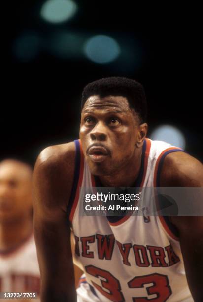 Patrick Ewing of the New York Knicks is shown during the New York Knicks vs Cleveland Cavaliers game on February 24, 1995 at Madison Square Garden in...