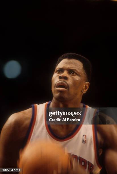 Patrick Ewing of the New York Knicks is shown during the New York Knicks vs Cleveland Cavaliers game on February 24, 1995 at Madison Square Garden in...