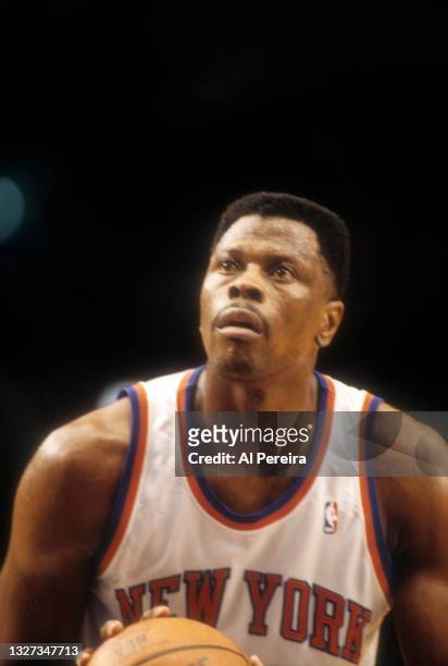 Patrick Ewing of the New York Knicks is shown during the New York Knicks vs Cleveland Cavaliers game on February 24, 1995 at Madison Square Garden in...