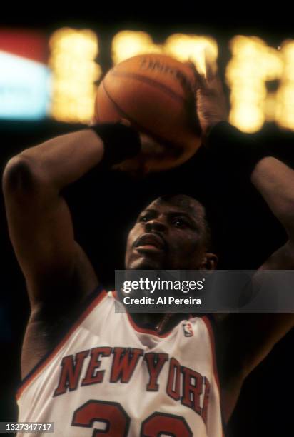 Patrick Ewing of the New York Knicks is shown during the New York Knicks vs Cleveland Cavaliers game on February 24, 1995 at Madison Square Garden in...