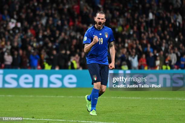 Leonardo Bonucci of Italy celebrates after scoring his team's third penalty during a penalty shoot in during the UEFA Euro 2020 Championship...