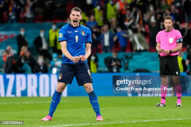 Andrea Belotti of Italy celebrates after scoring his team's second penalty in a penalty shoot out during the UEFA Euro 2020 Championship Semi-final...