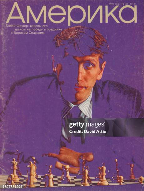 New York, NY A tinted portrait of chess master Bobby Fischer on the cover of a special chess issue of Amerika Magazine, right before Fischer's...