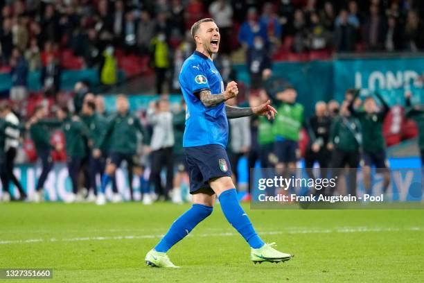 Federico Bernardeschi of Italy celebrates after scoring their team's fourth penalty in the penalty shoot out during the UEFA Euro 2020 Championship...