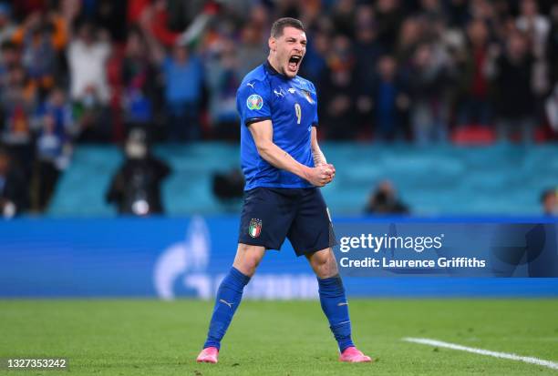 Andrea Belotti of Italy celebrates after scoring his team's second penalty in a penalty shoot out during the UEFA Euro 2020 Championship Semi-final...