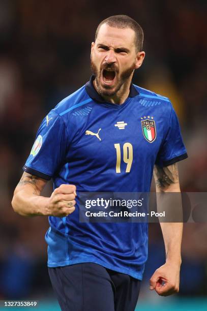 Leonardo Bonucci of Italy celebrates after scoring his team's third penalty during a penalty shoot out during the UEFA Euro 2020 Championship...