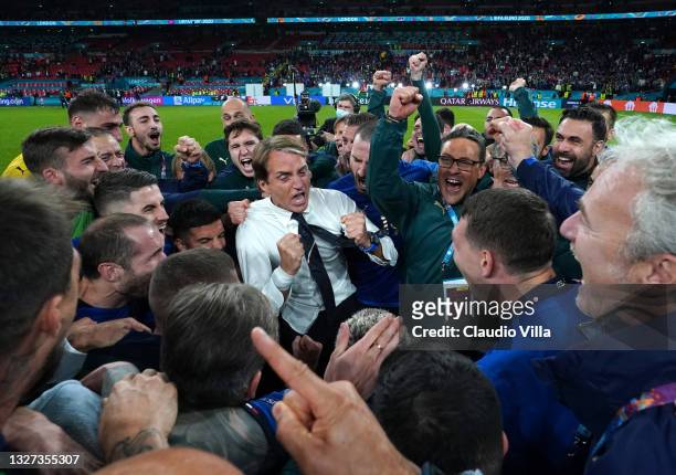 Head coach Italy Roberto Mancini celebrates at the end of the UEFA Euro 2020 Championship Semi-final match between Italy and Spain at Wembley Stadium...