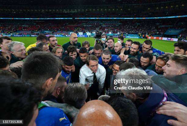 Head coach Italy Roberto Mancini celebrates at the end of the UEFA Euro 2020 Championship Semi-final match between Italy and Spain at Wembley Stadium...