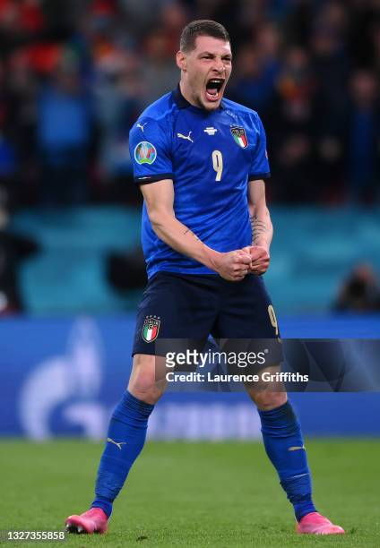 Andrea Belotti of Italy celebrates after scoring his team's second penalty in a penalty shoot out during the UEFA Euro 2020 Championship Semi-final...