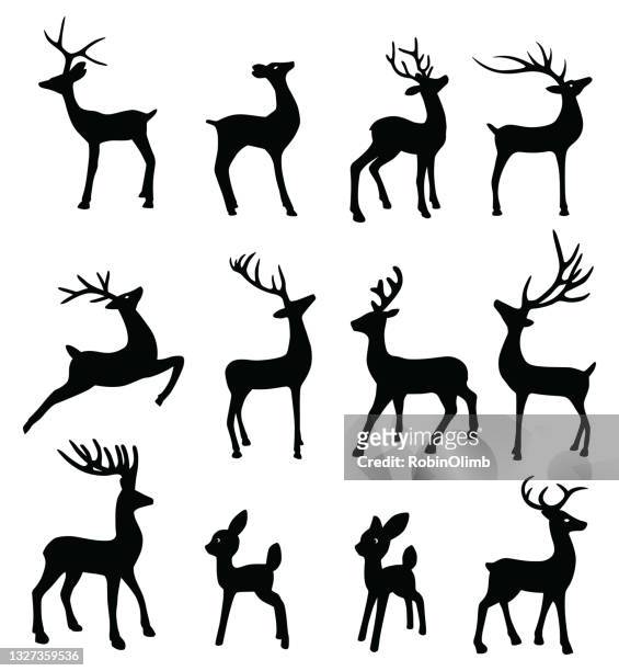 illustrations, cliparts, dessins animés et icônes de silhouettes de rennes noirs - famille du cerf