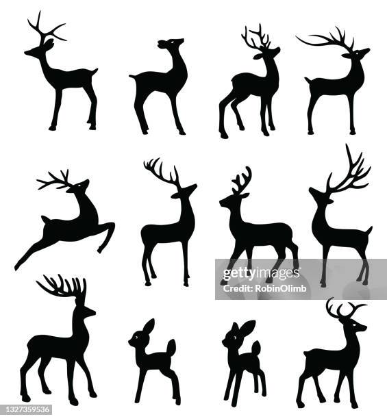 stockillustraties, clipart, cartoons en iconen met black reindeer silhouettes - reekalf