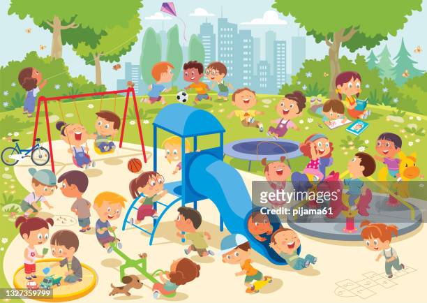 illustrations, cliparts, dessins animés et icônes de enfants heureux jouant dans l’aire de jeux - bac à sable
