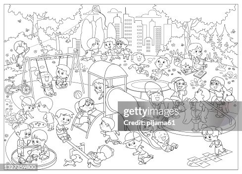 Black And White, Happy children playing in playground Black And White, Happy children playing in playground