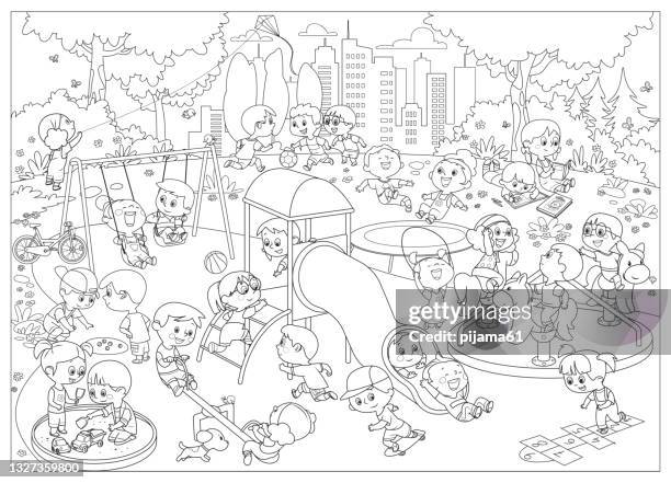 stockillustraties, clipart, cartoons en iconen met black and white, happy children playing in playground - coloring