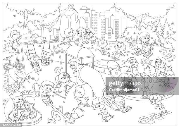 black and white, happy children playing in playground - colouring book stock illustrations