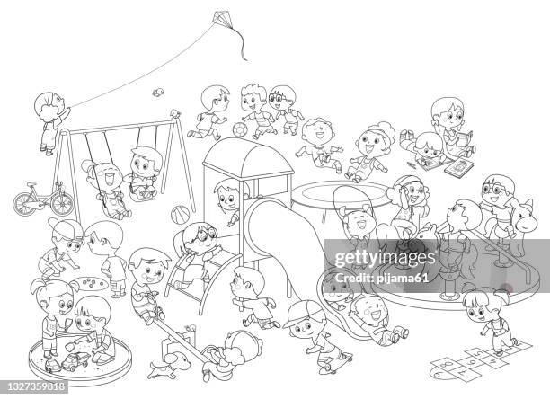 black and white, happy kids having fun on the playground - colouring in stock illustrations