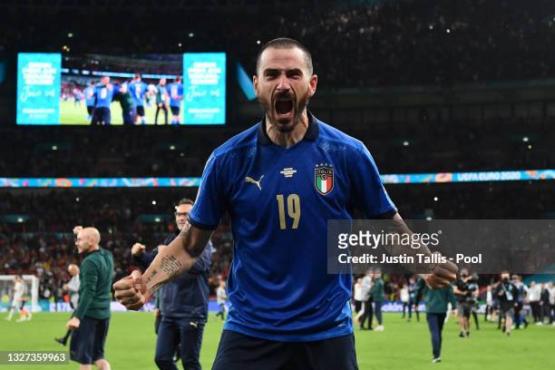 Leonardo Bonucci of Italy celebrates following their team's victory in the penalty shoot out after the UEFA Euro 2020 Championship Semi-final match...