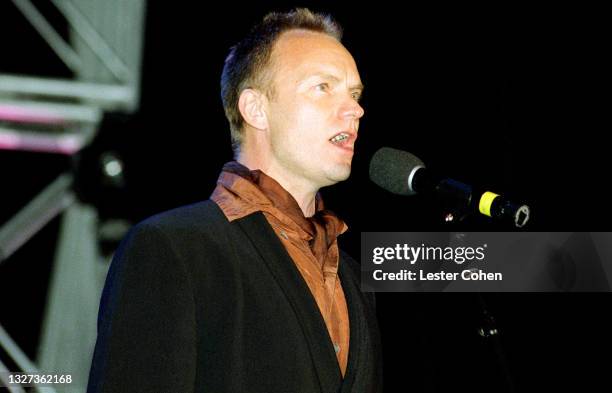 English musician and actor Sting sings at the 1998 MusiCares benefit dinner on February 23, 1998 in New York, New York. Luciano Pavarotti was honored...