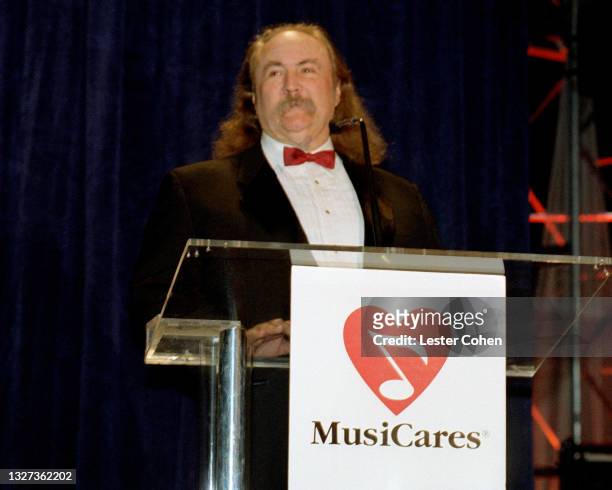 American singer-songwriter and musician David Crosby speaks at the 1998 MusiCares benefit dinner on February 23, 1998 in New York, New York. Luciano...