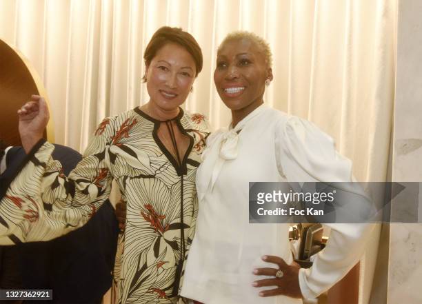Pia Odio and Nicole Coste attend "Together" Monumental Sculpture by Lorenzo Quinn unveiling Cocktail at Hotel Mariott during the 74th annual Cannes...