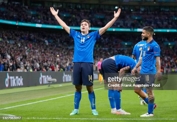 Federico Chiesa of Italy celebrates after scoring their side's first goal during the UEFA Euro 2020 Championship Semi-final match between Italy and...
