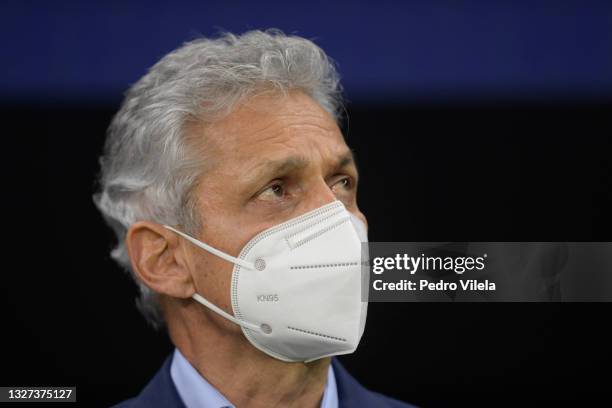 Head coach of Colombia Reinaldo Rueda looks on before a semi-final match of Copa America Brazil 2021 between Argentina and Colombia at Mane Garrincha...