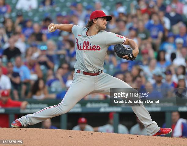 Starting pitcher Aaron Nola of the Philadelphia Phillies delivers the ball against the Chicago Cubs at Wrigley Field on July 06, 2021 in Chicago,...