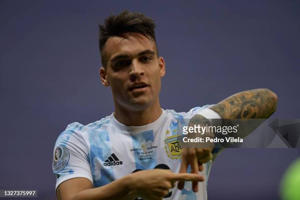Lautaro Martinez of Argentina celebrates after scoring the first goal of his team during a semi-final match of Copa America Brazil 2021 between...
