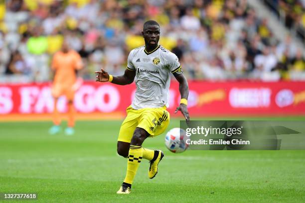 Jonathan Mensah of Columbus Crew controls the ball in the second half during their game against the New England Revolution at Lower.com Field on July...