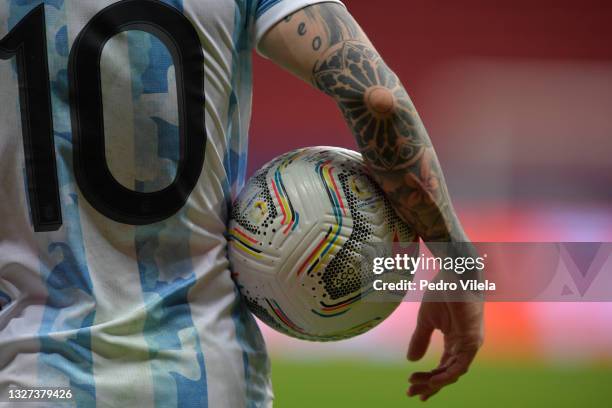 Detail of Lionel Messi of Argentina arm tattoo during a semi-final match of Copa America Brazil 2021 between Argentina and Colombia at Mane Garrincha...