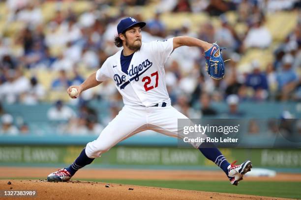 Trevor Bauer of the Los Angeles Dodgers pitches during the game against the San Francisco Giants at Dodger Stadium on June 28, 2021 in Los Angeles,...