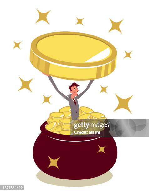 glücklicher geschäftsmann springt in einen topf (krug) voller geld und hebt eine große goldmünze - pot of gold stock-grafiken, -clipart, -cartoons und -symbole