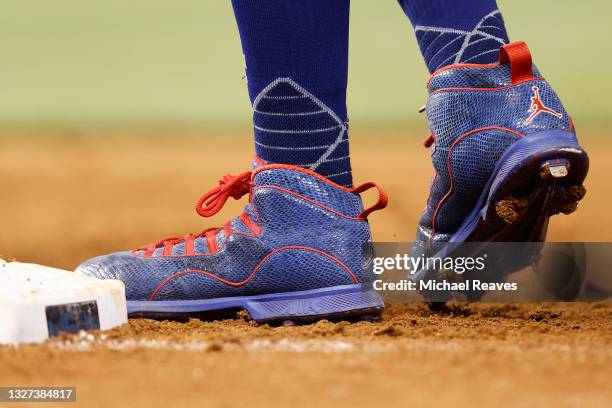 The Jordan brand cleats of Mookie Betts of the Los Angeles Dodgers are seen during the game against the Miami Marlins at loanDepot park on July 06,...